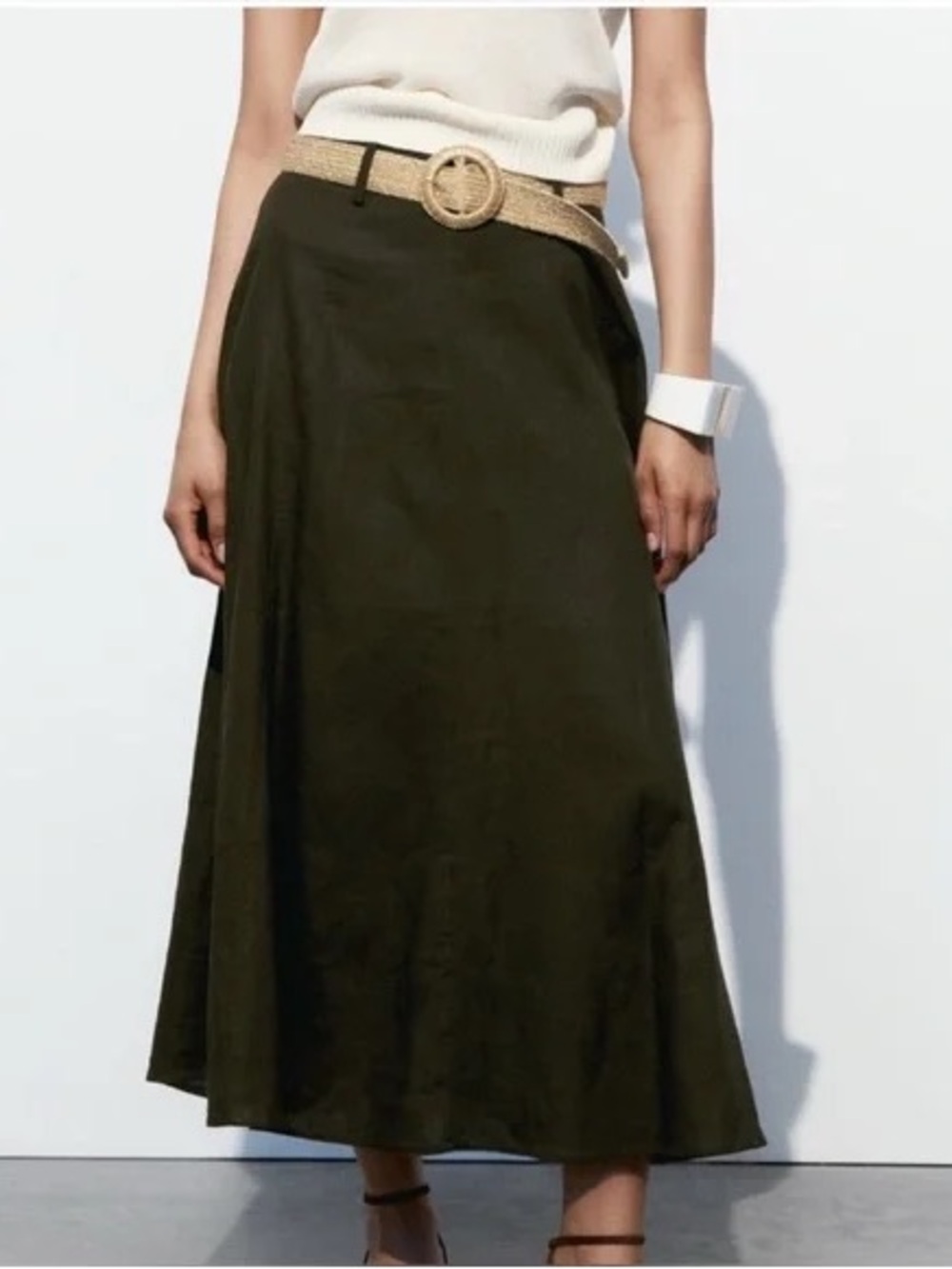 Zara Women’s Green Belted Long A-Line Pleated Skirt Sz M